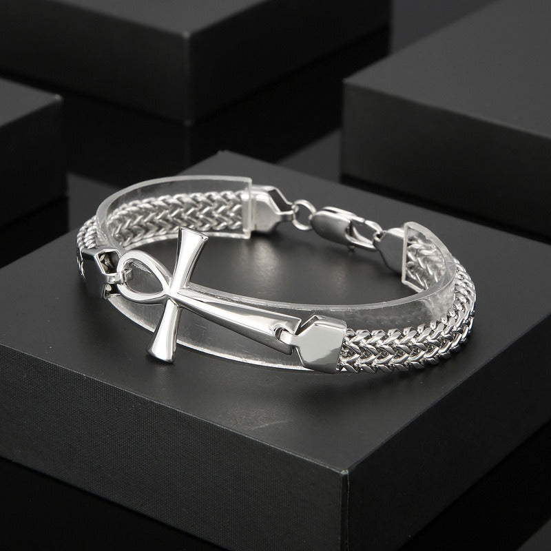 Kemstone Titanium Steel Rock 'n' Roll Dual-Weave Chain Bracelet with Vintage Cross Pendant KB164177-KFC