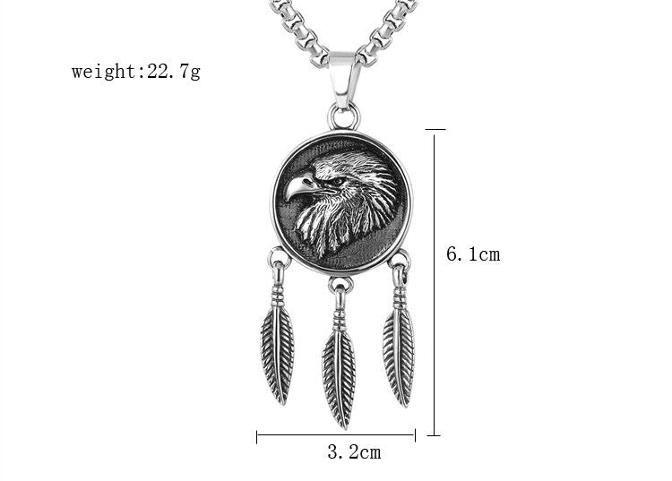 Kemstone Titanium Steel Eagle Feather Pendant Necklace for Men Vintage Round Medallion Silver P0276