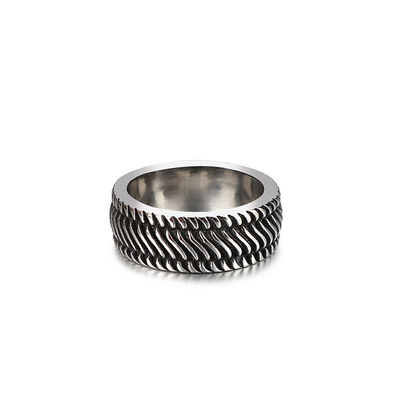Kemstone Motorcycle Tread Ring – Dual-Tone Titanium Steel Biker Jewelry for Men KR53966-K