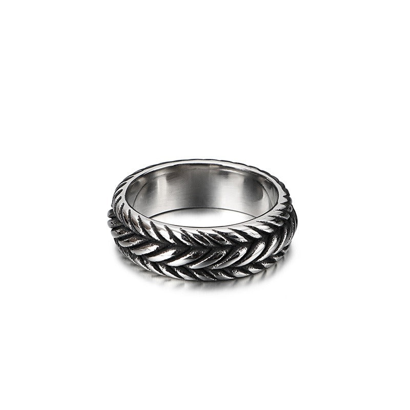 Kemstone Twist Chain Titanium Steel Ring – Matte Punk Band for Men | Gothic Streetwear Statement Jewelry KR53967-K
