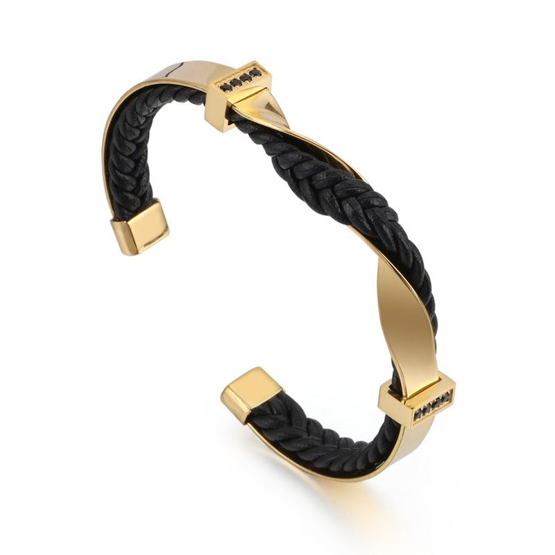 Kemstone Men’s Open Cuff Leather Bracelet – Braided Leather & Stainless Steel with Black Zircon | KB117781-KFC