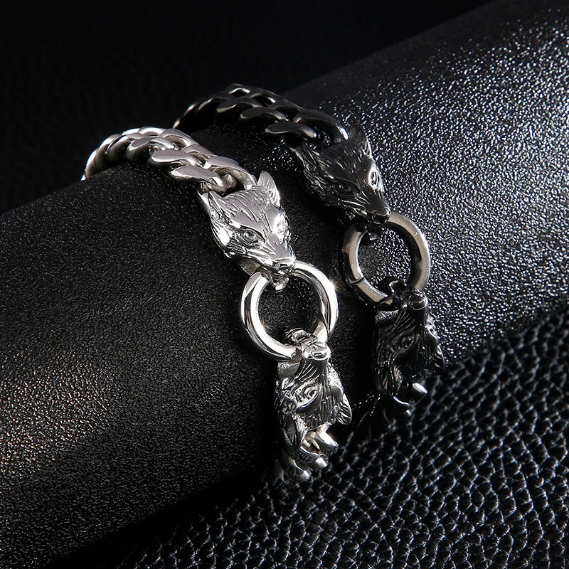 Set di catene in acciaio da uomo Kemstone - Bracciale e collana con testa di lupo per stile punk KB133023