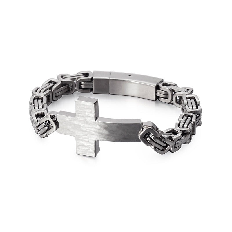Kemstone Cross Pendant Retro Bracelet – Titanium Steel Cuff with Imperial Chain Design for Men KB122384