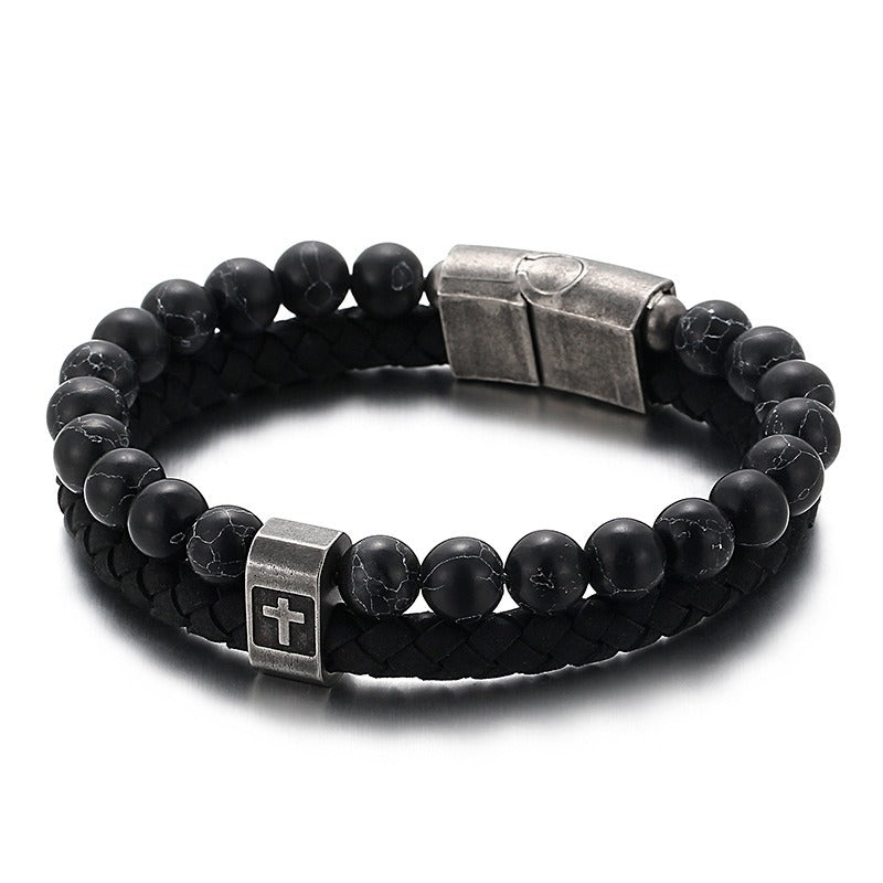 Bracciale da uomo in acciaio inossidabile Kemstone con croce in pelle e pietra turchese KB136651
