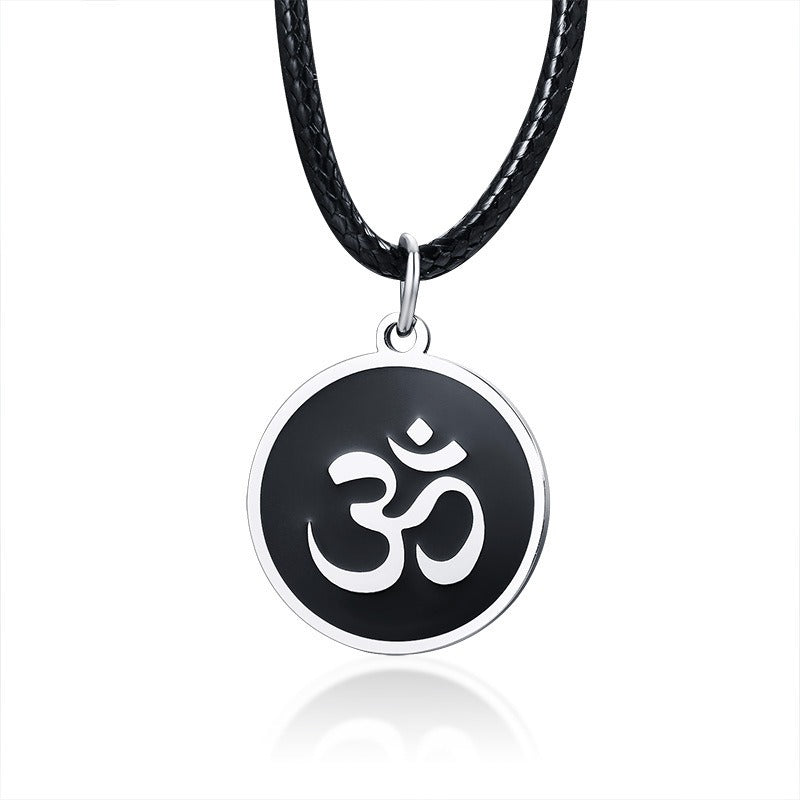 Black Om Symbol Pendant Necklace for Men – Stainless Steel Round Medallion on Leather Cord PN-1287