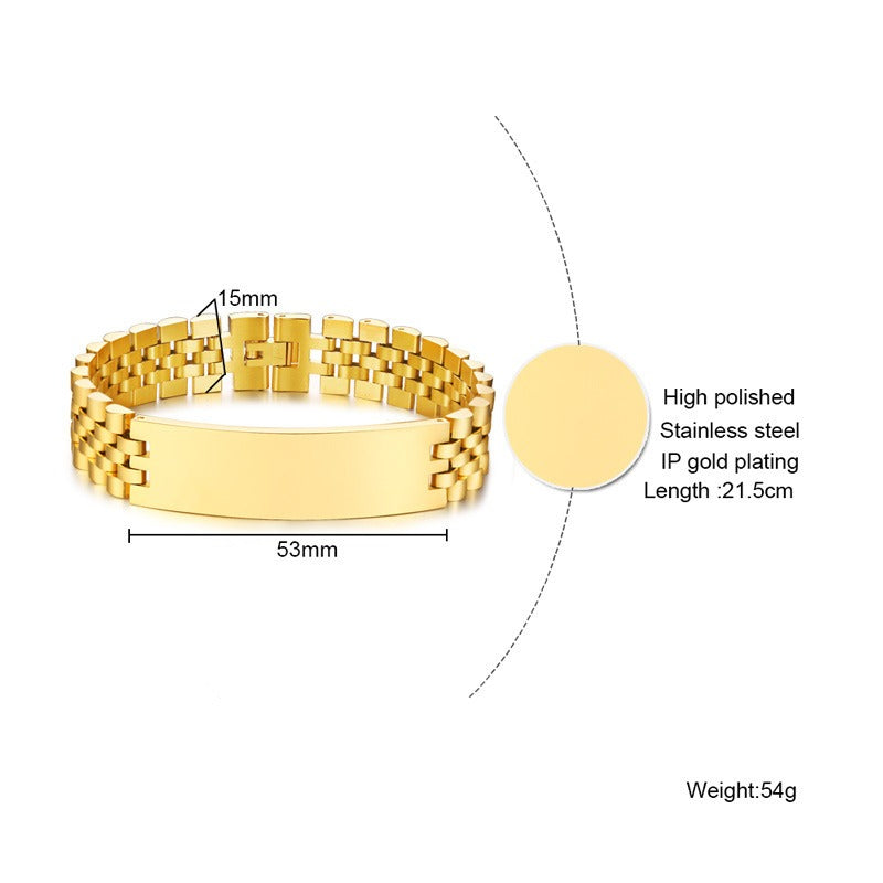 Kemstone Stainless Steel ID Bracelet – Heavy Chain 21.5cm, Gold/Silver/Black, High Polish Engraving Plate BR-697