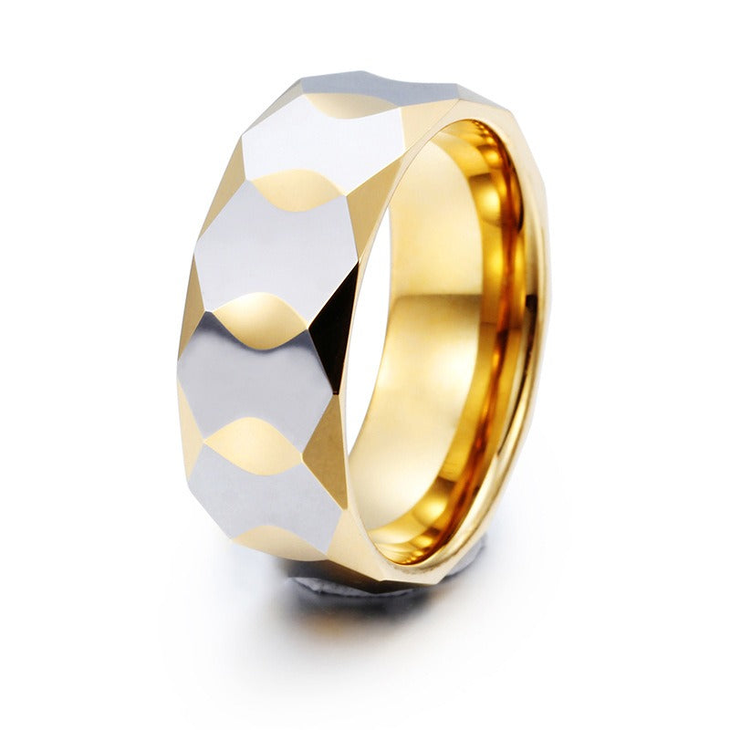 Kemstone Tungsten Geometric Ring for Men & Women – 9mm Faceted Armor Band Dual Tone KR34306