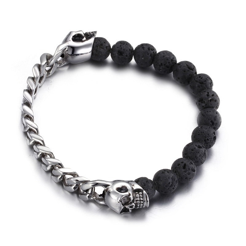 Kemstone Stainless Steel Skull & Volcanic Stone Mala Bracelet – Ethereal Energy Fusion KB66361