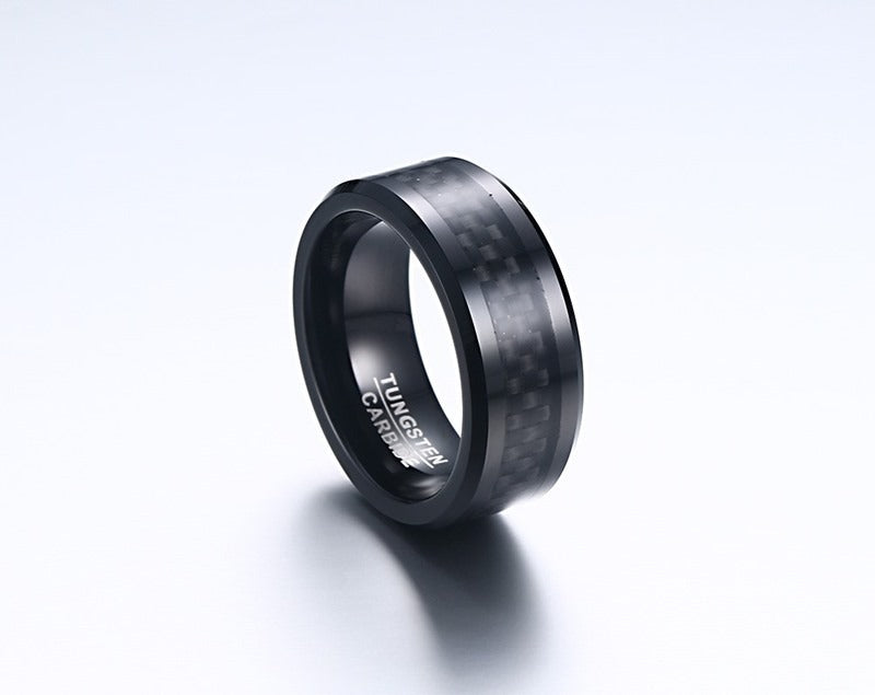 Kemstone 8MM Carbon Fiber Inlaid Tungsten Carbide Ring – Black Matte Finish TCR036