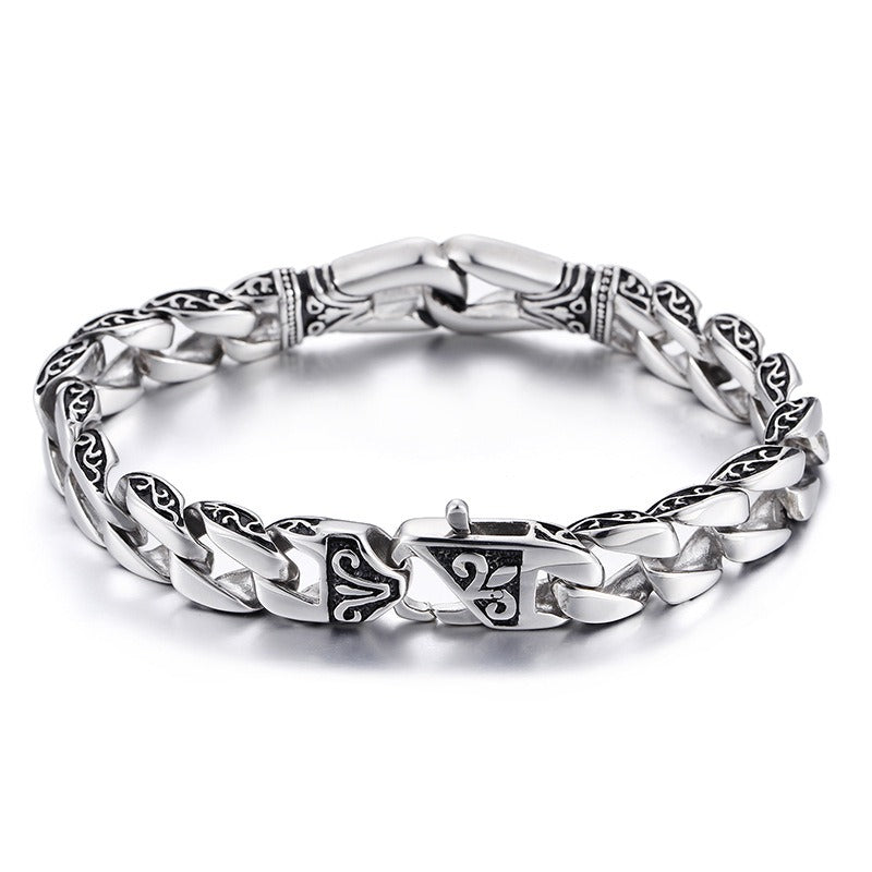 Kemstone Men's Vintage Cuban Chain Bracelet – Engraved Titanium Steel Punk Cuff for Gothic Streetwear KB80116-BD