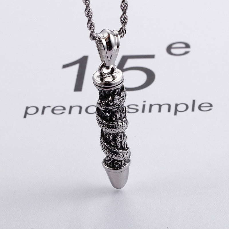 Kemstone Dragon-Wrapped Bullet Pendant – Titanium Steel Necklace for Men, Rugged Norse-Inspired Urban Style KP55643