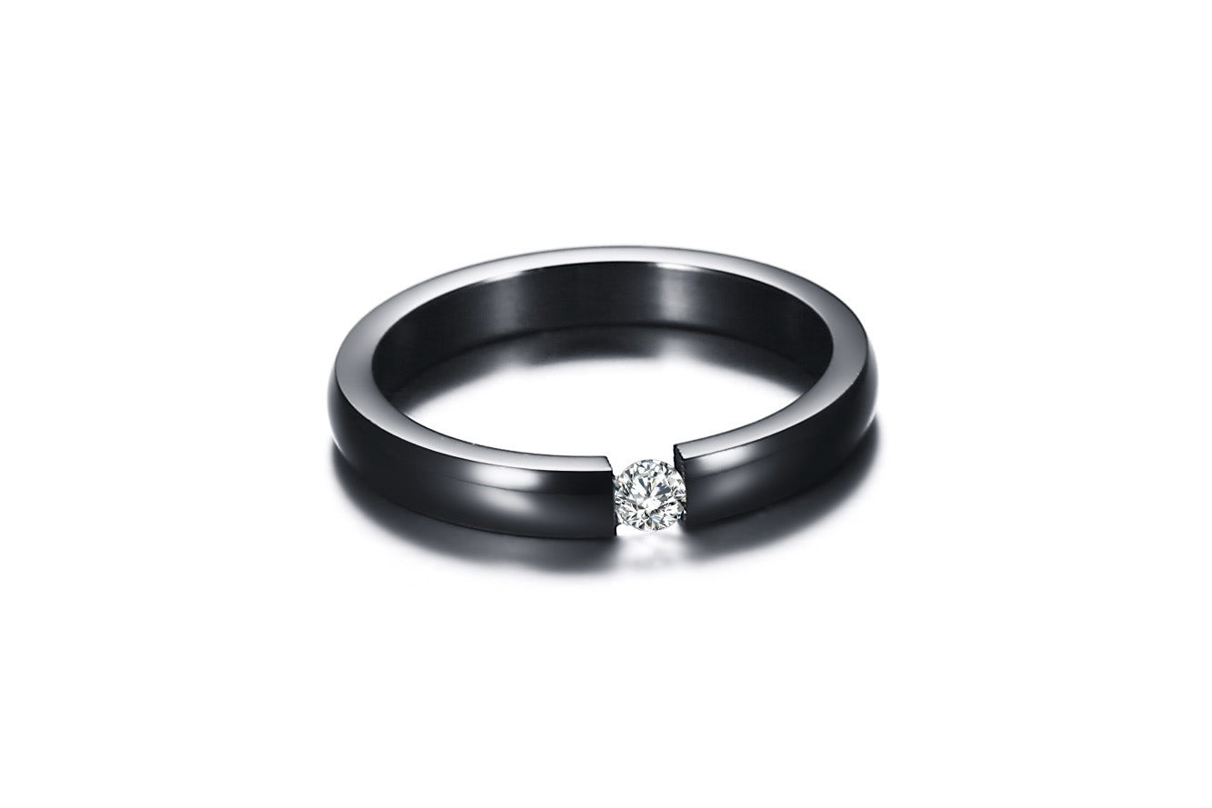 Titan Steel Rune Band – Gothic Minimalist Ring with Inset Zircon R-023
