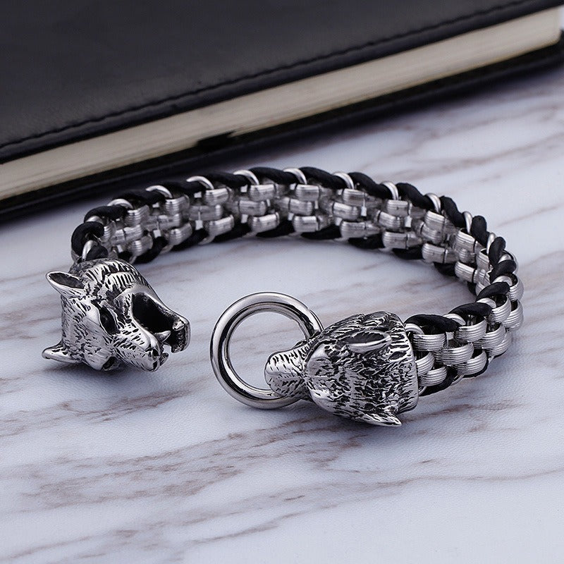 Kemstone Stainless Steel Wolf Design Ring Titanium Mesh Cuff Bracelet for Men - Punk Edge Charm Jewelry KB154970