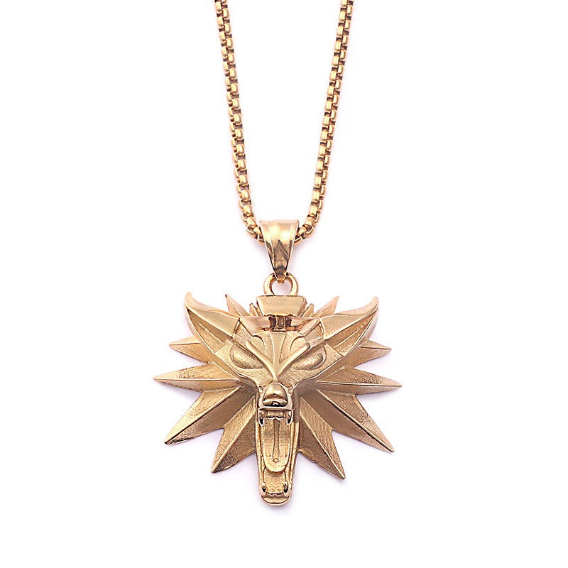 Witcher Wolf Head Pendant Necklace for Men – Gothic Viking Stainless Steel Medallion, Silver/Gold/Black KP59809-K