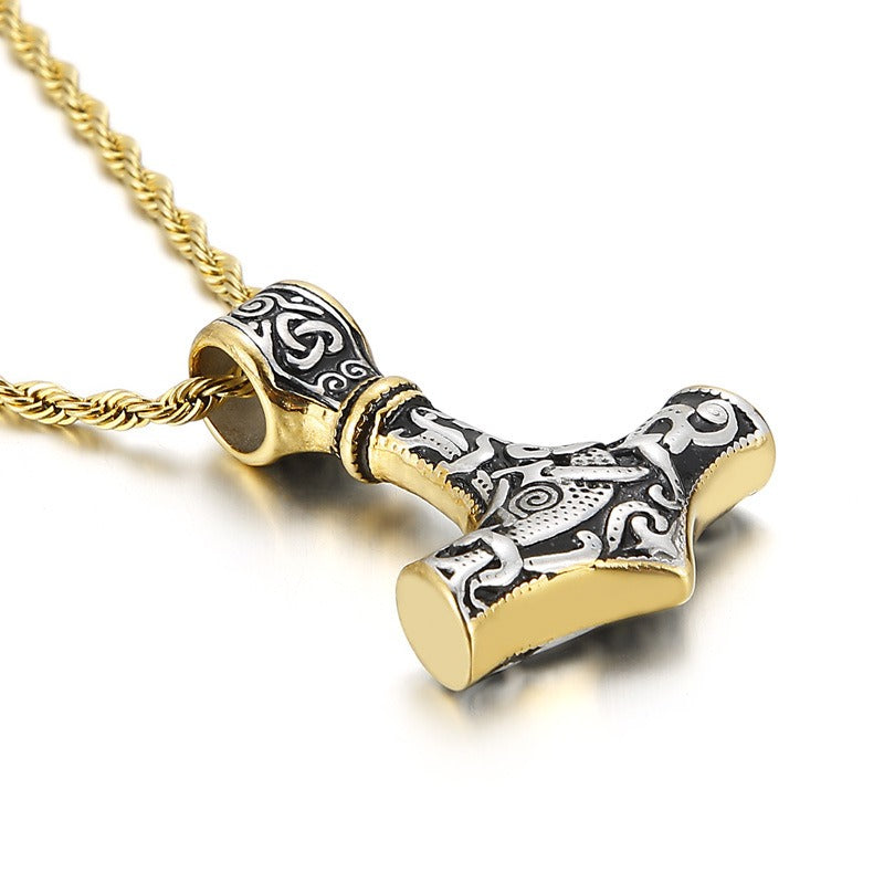 Kemstone Viking Thor’s Hammer Pendant – Stainless Steel Norse Amulet with Skull Connector KP96348