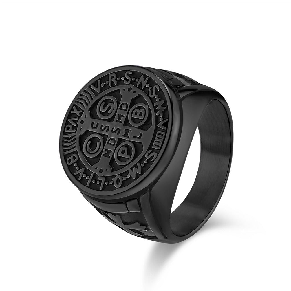 Kemstone Gothic Exorcist Ring – Vintage Stainless Steel Saint Benedict Cross Band for Men | Punk Streetwear Style