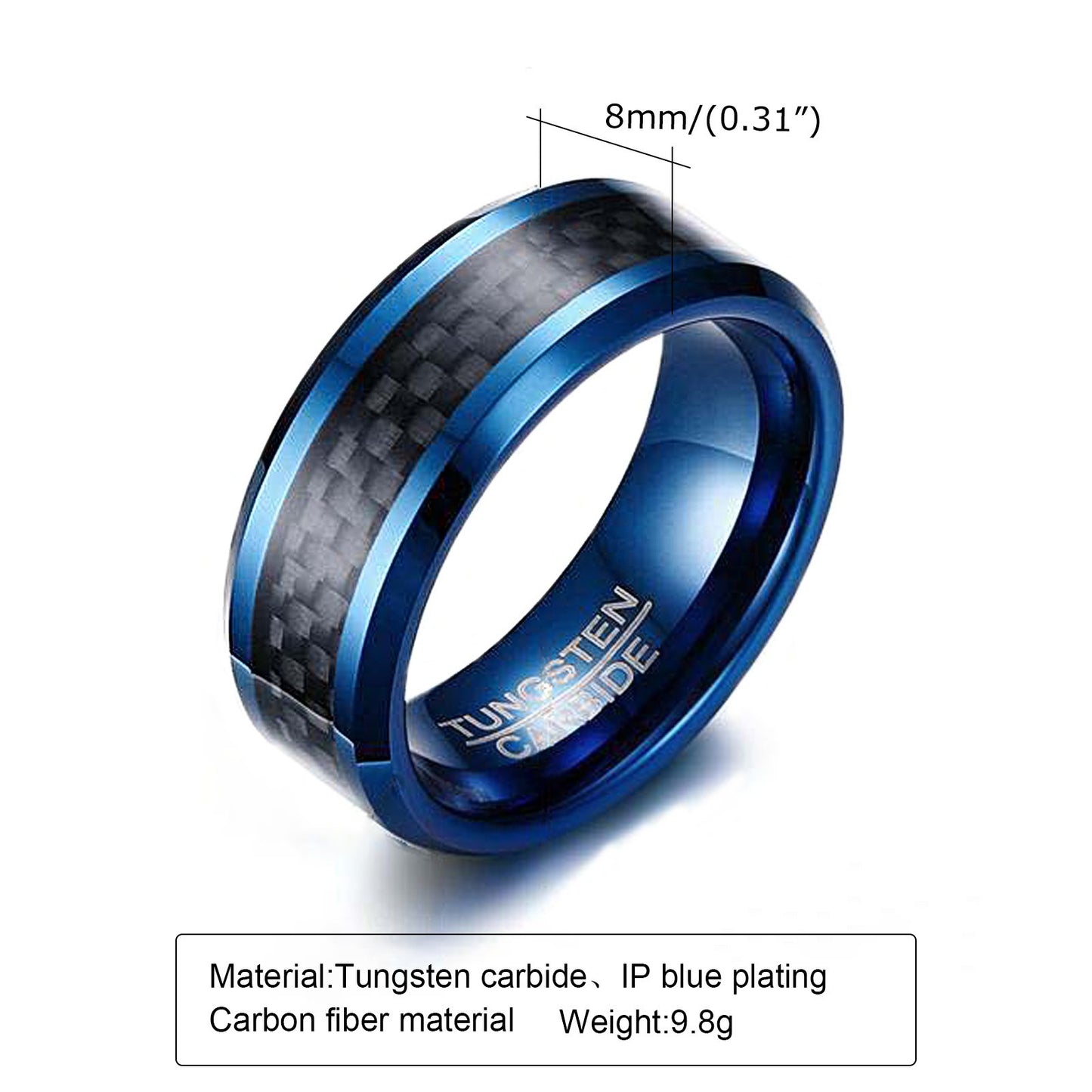 Kemstone Men’s Blue Tungsten Carbide Ring – 8mm Carbon Fiber Inlay, IP Blue Plating, Gothic Viking Band TCR-068