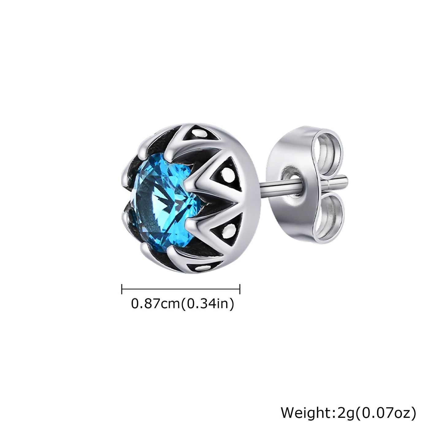 Kemstone Titanium Steel Stud Earrings - Blue Zircon Punk Crown for Men & Women ES-736