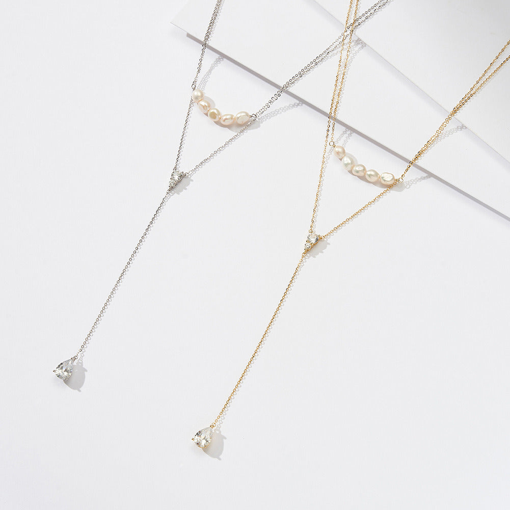Kemstone Layered Y Lariat Necklace for Women – 925 Sterling Silver, Pearl & Cubic Zirconia, Adjustable Gold/Silver Chain A4-BQN13