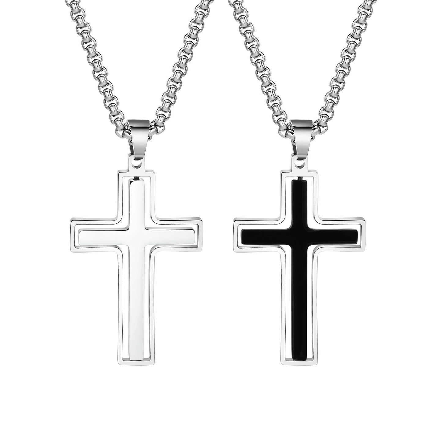 Men’s Rotating Cross Pendant Necklace – Gothic Dual-Layer Stainless Steel Chain PN-1998