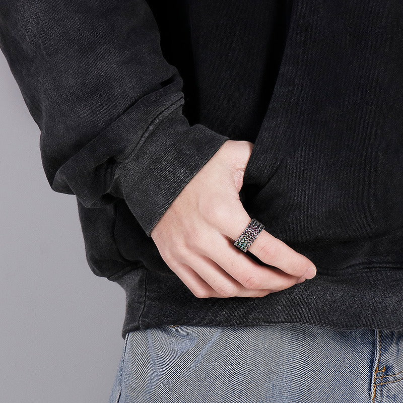 Kemstone Retro Punk Titanium Steel Ring - 4-Bars Motorcycle Chain Inspired Bold Men's Stainless Steel Finger Accessory KR92114