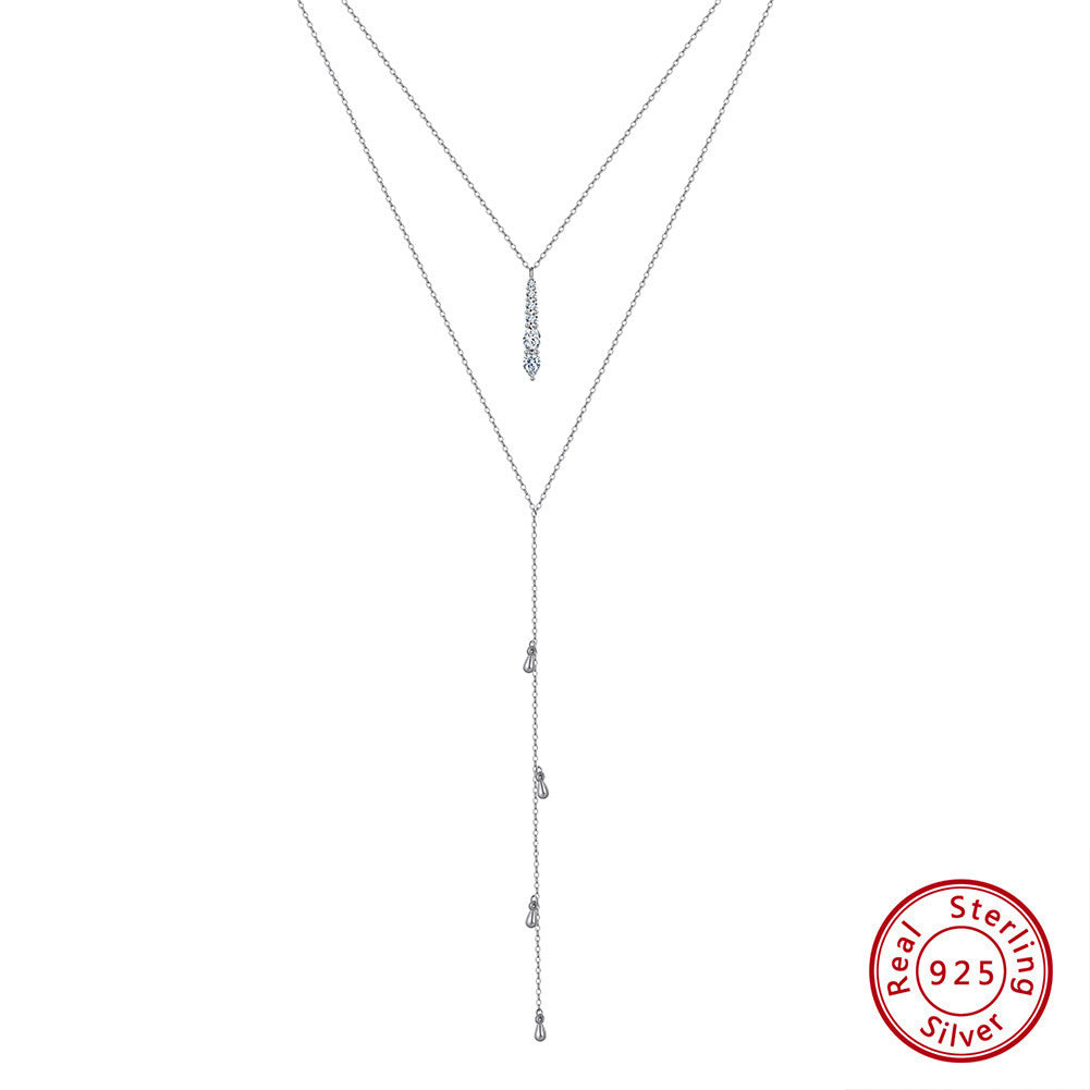 Kemstone S925 Sterling Silver Lariat Pendant Double Layer Necklace for Women – Dainty Y & Drop Chain, Silver & Gold A4-BQN11