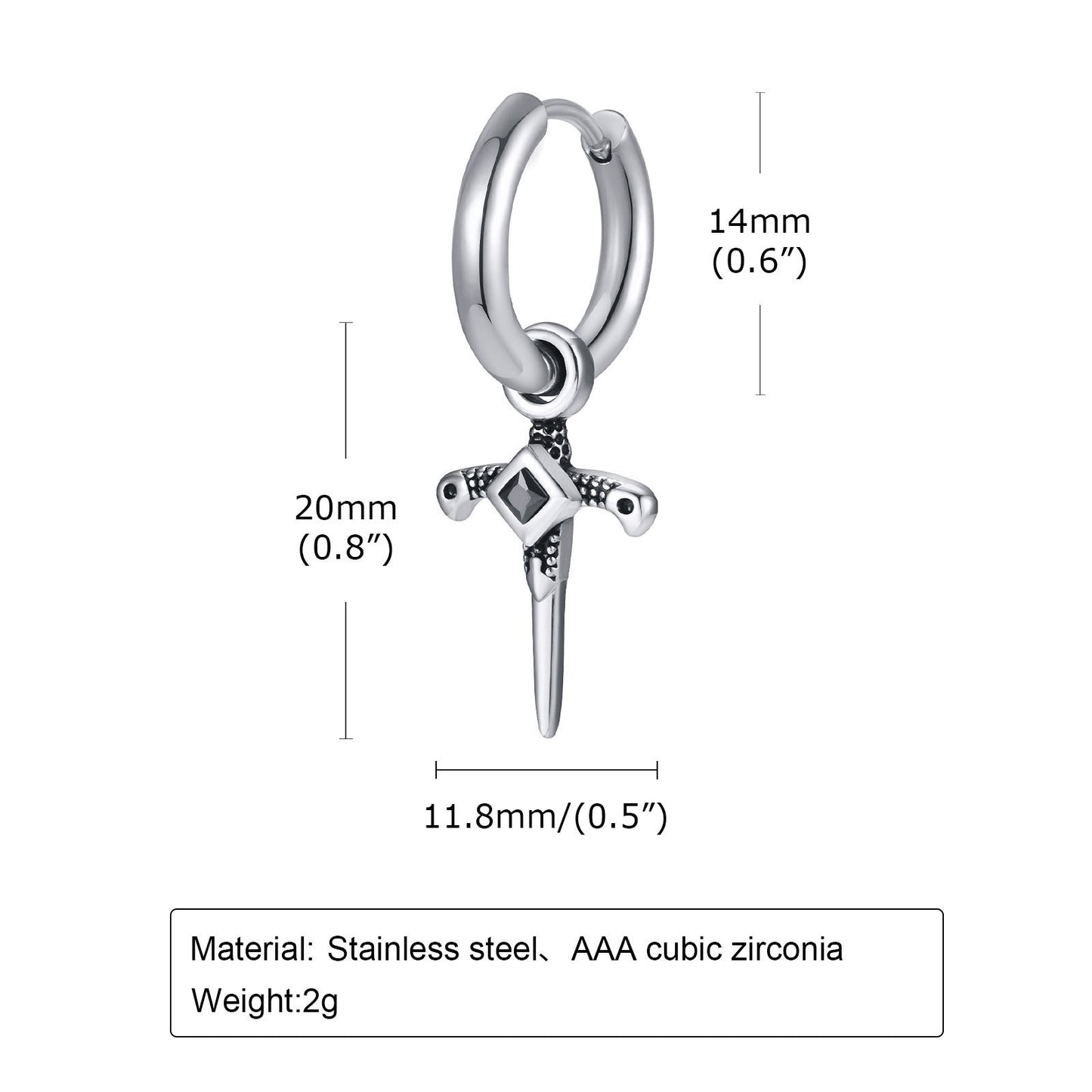Men's Gothic Cross Hoop Earring – Stainless Steel Sword & Spear Designs ED-684