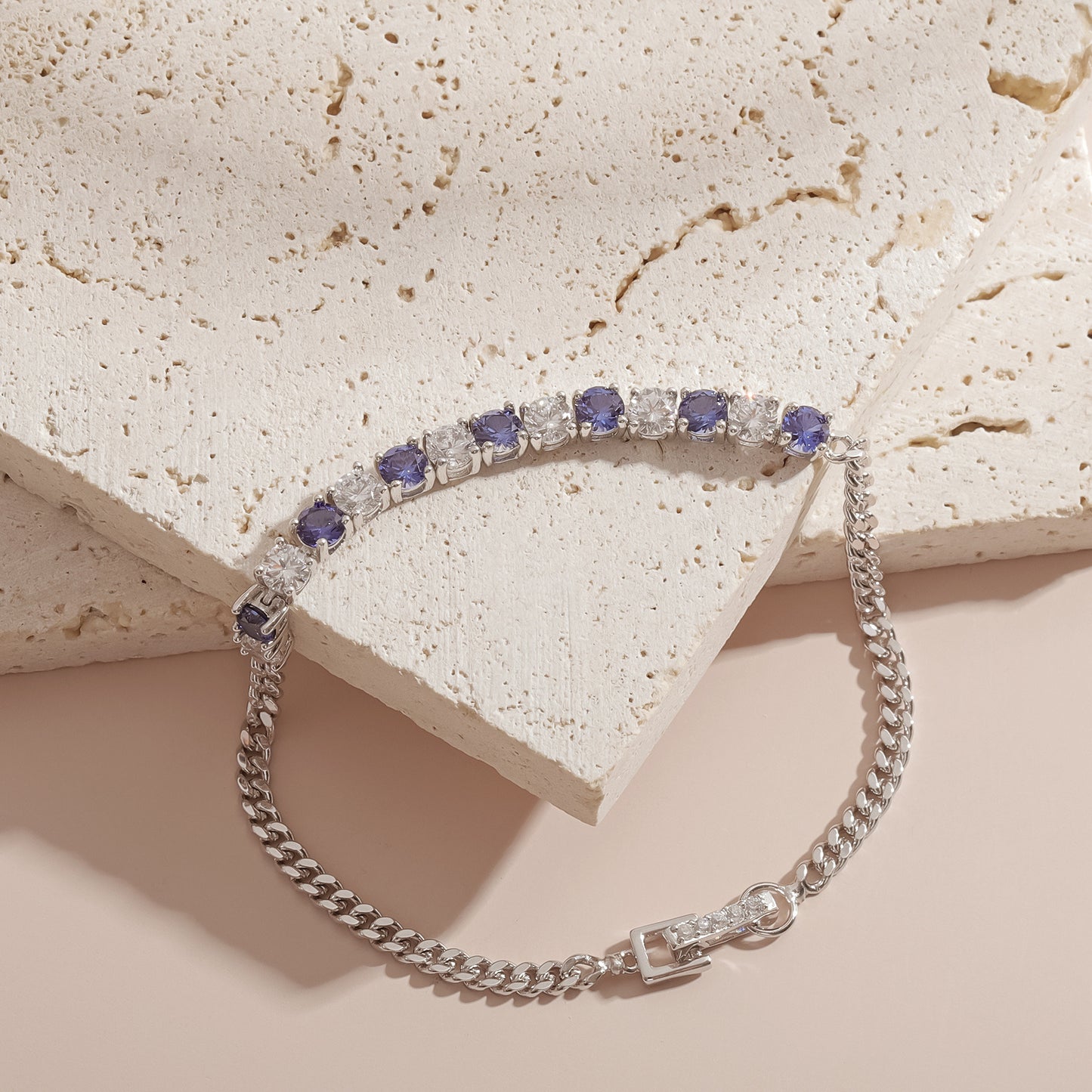 S925 Sterling Silver Blue Sapphire & Moissanite Bracelet – Elegant Hollow Design for Women OL1118B
