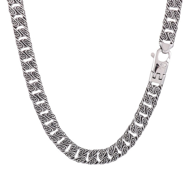 Kemstone Punk Vintage Distressed Geometric Buckle Men's Titanium Steel Inlaid Cubic Zirconia Cuban Chain Necklace KN232322
