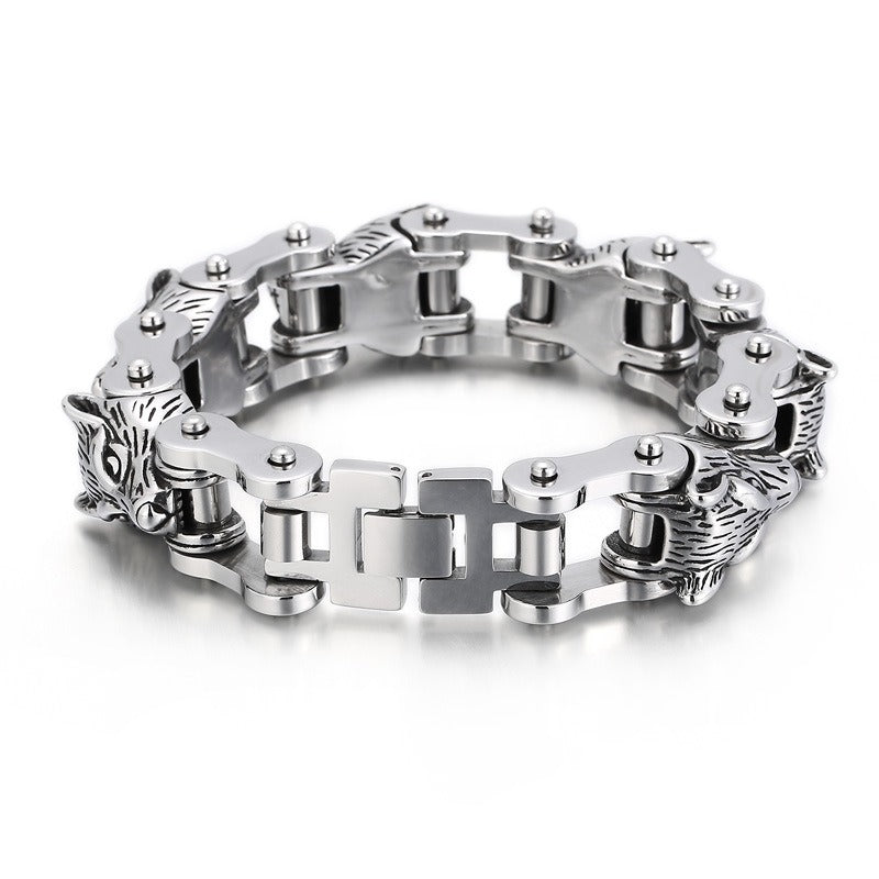 Kemstone Wolf Head Chain Bracelet – Titanium Steel Motorcycle-Inspired Men’s Jewelry KB152384