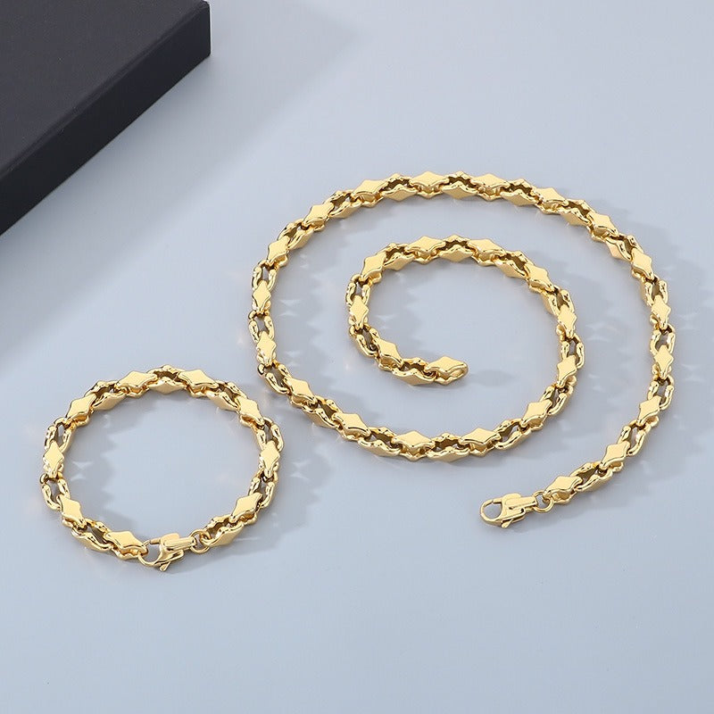Kemstone Steel Link Jewelry Set – Men’s Hip-Hop Chain Necklace & Bracelet with Geometric Links