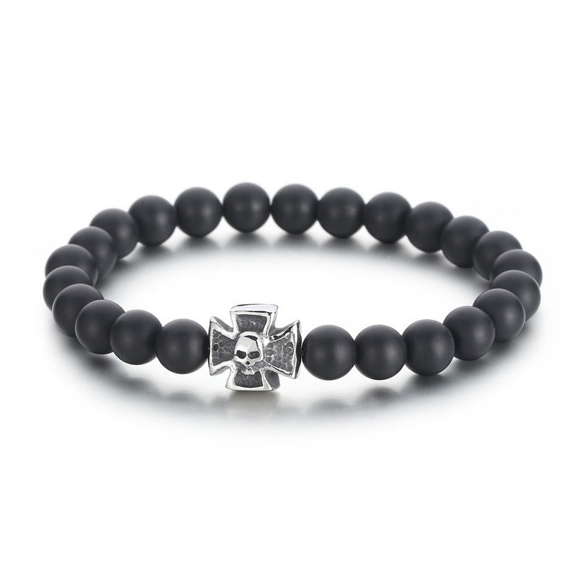 Kemstone Black Onyx Skull Bracelet – Gothic Cross, Howlite & Tiger Eye Beads with Adjustable Titanium Steel Chain for Men KB70686-BD