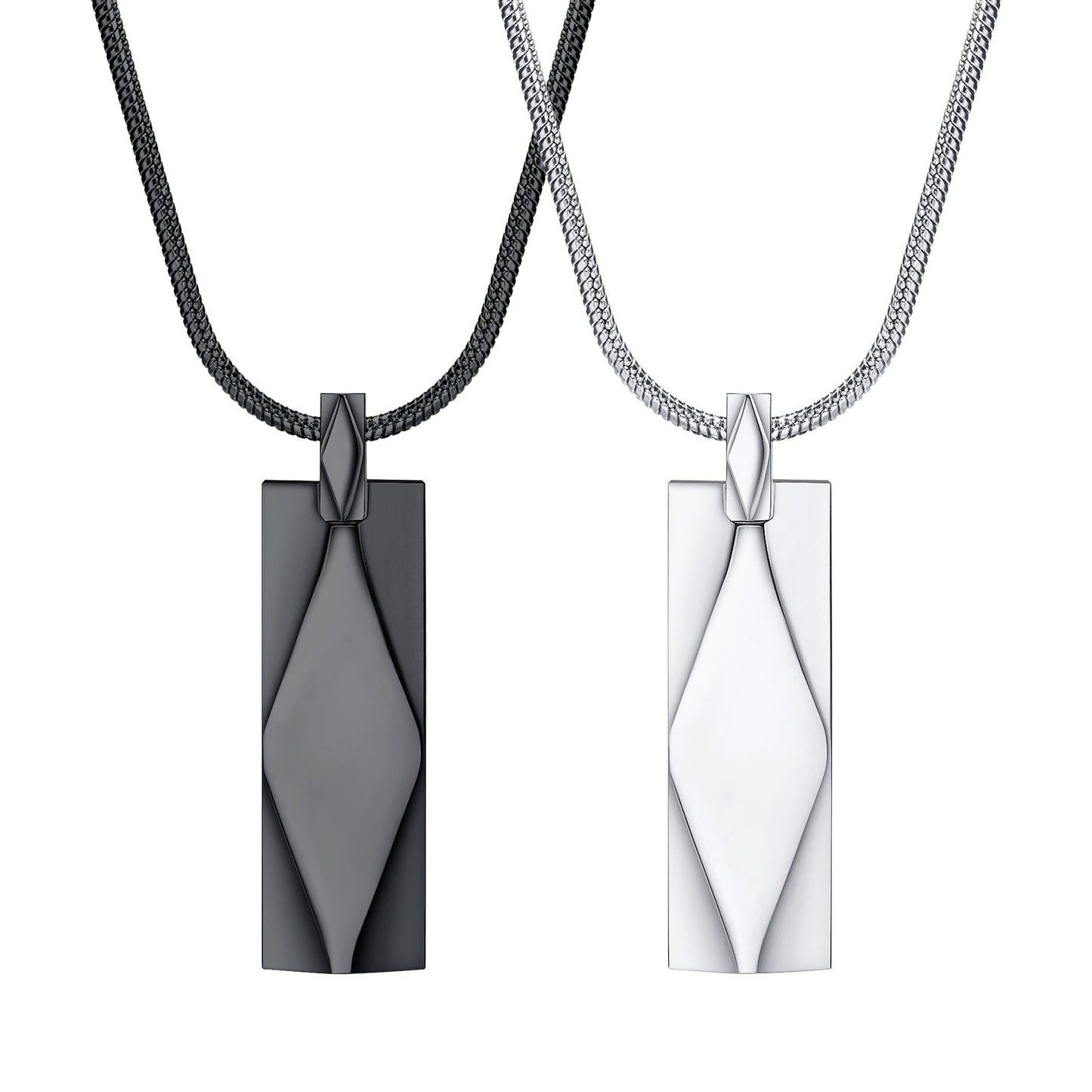 Men’s Geometric Pendant Necklace – 3D Rhombus Rectangle Design in Stainless Steel | Black & Silver Gothic Style NC-1455