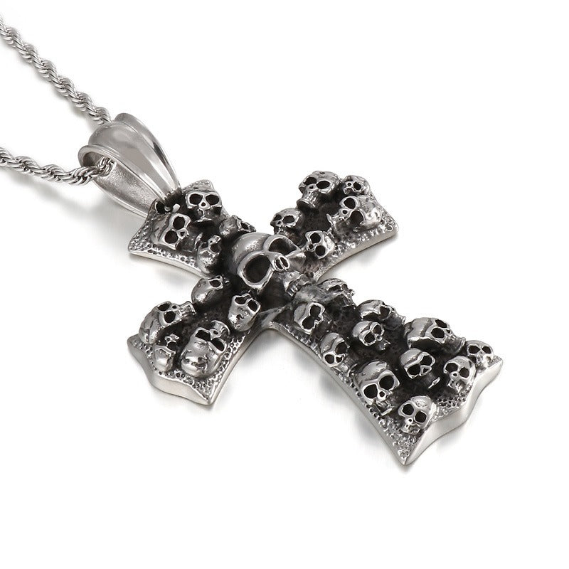 Kemstone Gothic Skull Cross Necklace – Matte Black Punk Pendant for Men KP55728-B