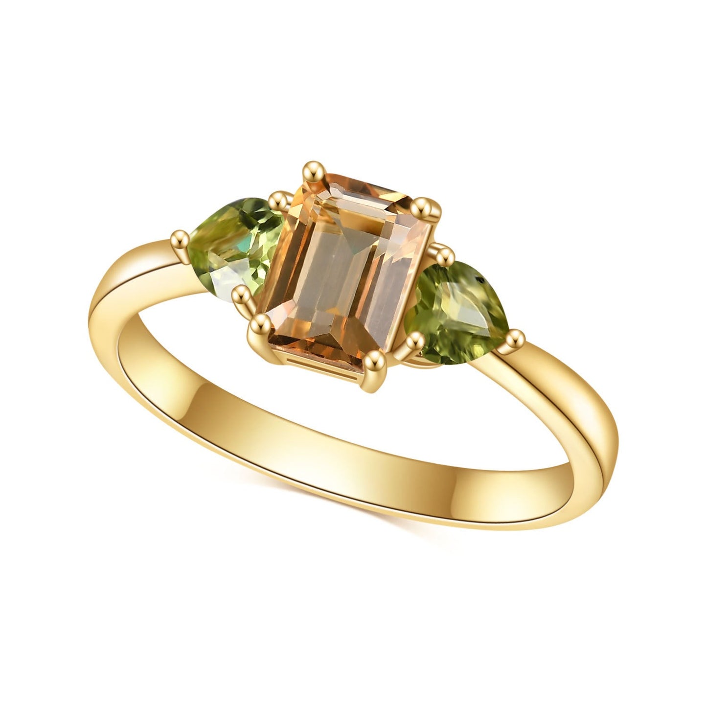 Anillo artesanal de citrino natural de talla esmeralda con detalles de peridoto de corte brillante en forma de corazón, diseño original de Kemstone | Plata 925 bañada en oro de 18 quilates, K236141R