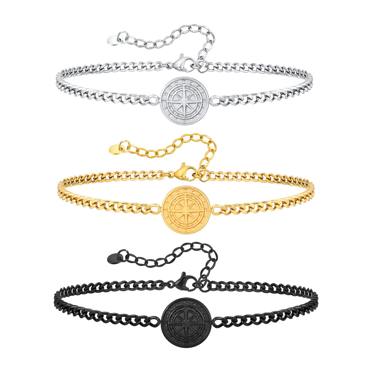 Kemstone Men’s Stainless Steel Compass Bracelet – Adjustable Minimalist Chain in Black, Gold & Silver BR2079