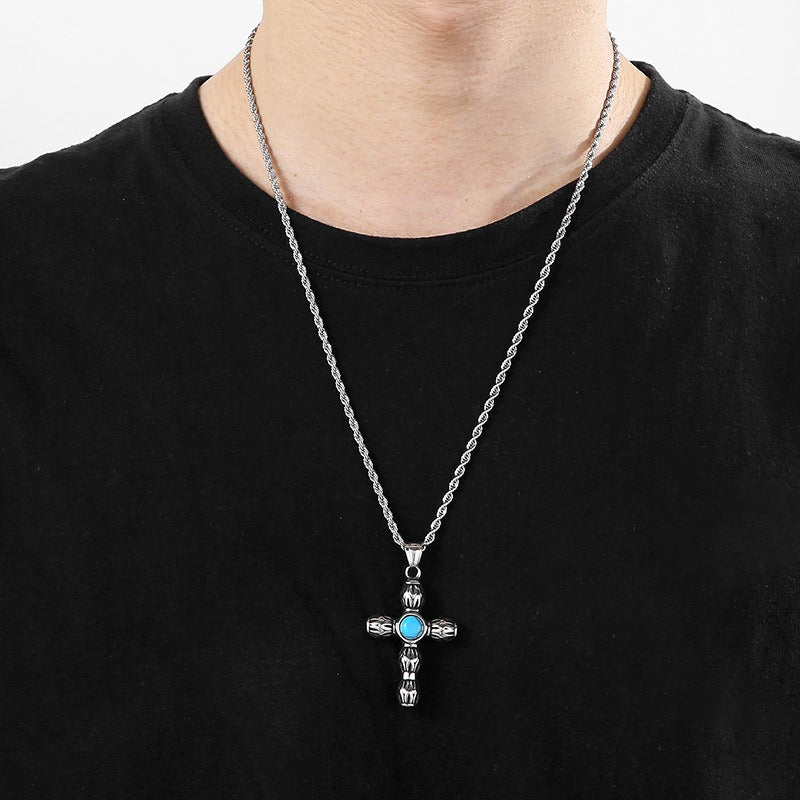 Kemstone Gothic Portrait Pendant – Titanium Steel Necklace with Crown & Turquoise Cross KP119878