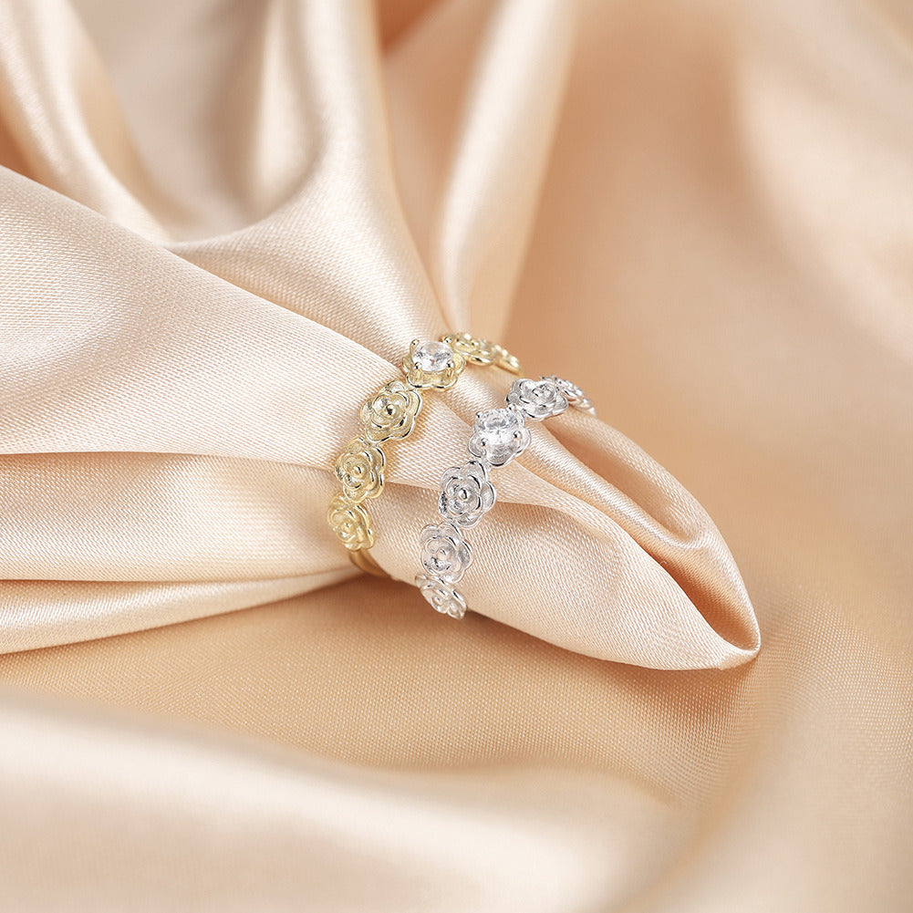 Kemstone 925 Sterling Silver Rose Flower Ring – Adjustable Open Band CZ Ring for Women, 14K Gold / White Gold Plated A4-APR41