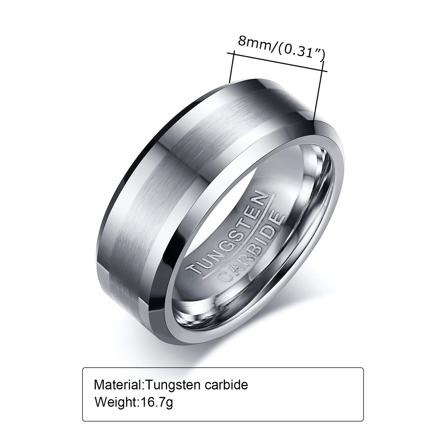 Tungsten Carbide Men's Ring – 8mm Brushed Band | Black & Silver Heavyweight Ring TCR-014