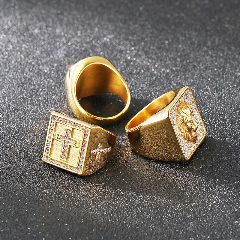 Kemstone Bold Statement Rings β Stainless Steel Lion Head / Cross / Yin Yang Signet KR112697