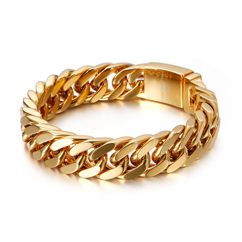 Kemstone Men’s Polished Cuban Chain Bracelet – 12mm/15mm Stainless Steel Urban Biker KB56160-D