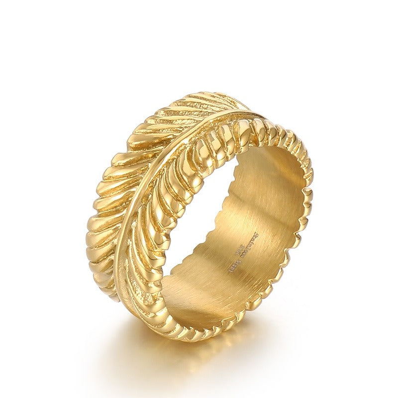 Kemstone Leaf Motif Titanium Steel Ring – Boho Gothic Nature-Inspired Punk Jewelry for Men KR108704