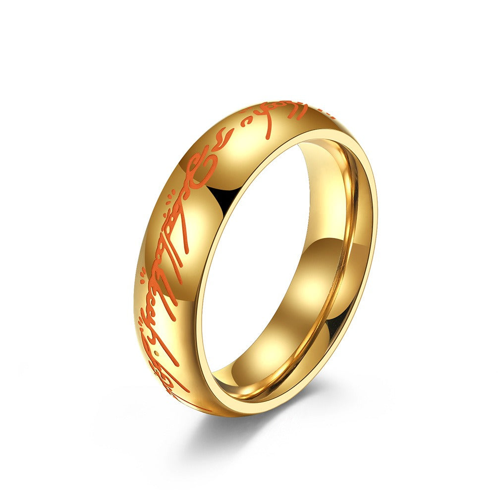 Kemstone Glow in the Dark Elvish Ring β Titanium Steel Script Band Gothic Norse Fantasy | K-R740