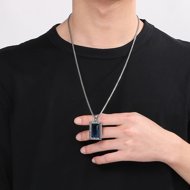Kemstone Vintage Square Pendant – Titanium Steel Necklace with Scrollwork & Blue-Black Stone | Gothic Street Style for Men KP130520-TGX