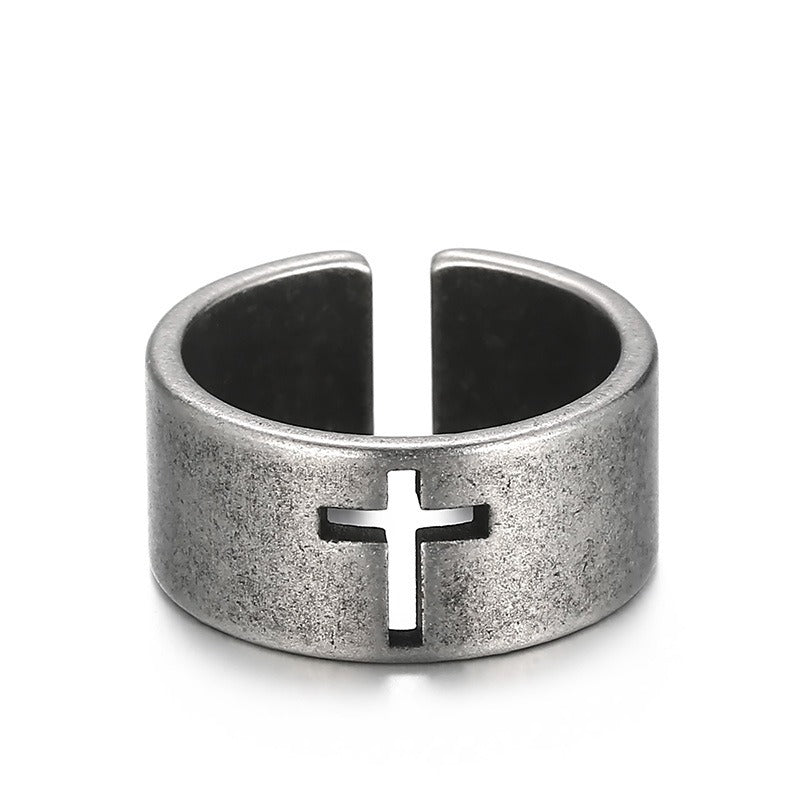 Kemstone Gothic Cross Adjustable Ring – Distressed Titanium Steel Openwork Men’s Jewelry KR104680