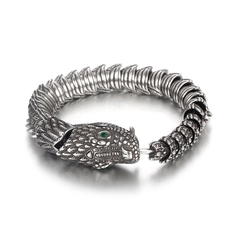 Kemstone Men’s Dragon Head Bracelet – Blackened Stainless Steel with Green Eyes KB170307