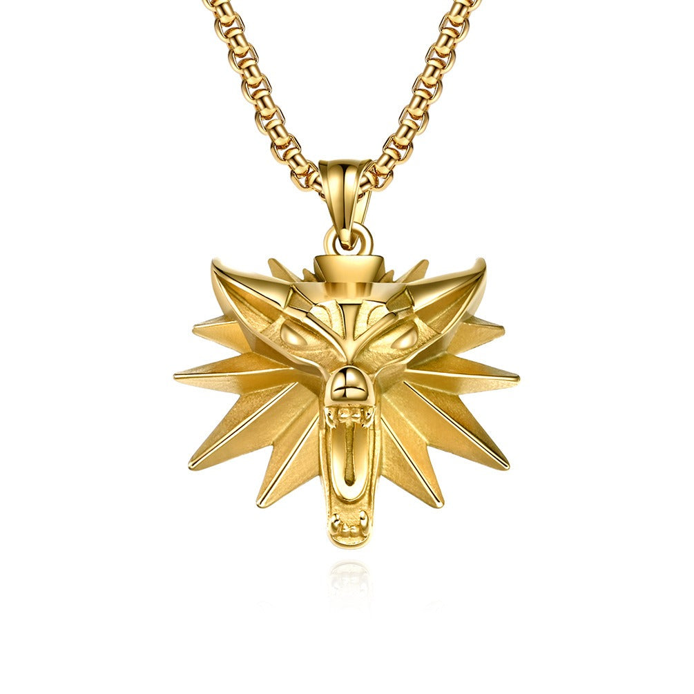 Kemstone Men’s Titanium Steel Wolf Head Pendant Necklace – Witcher Inspired K-PT552