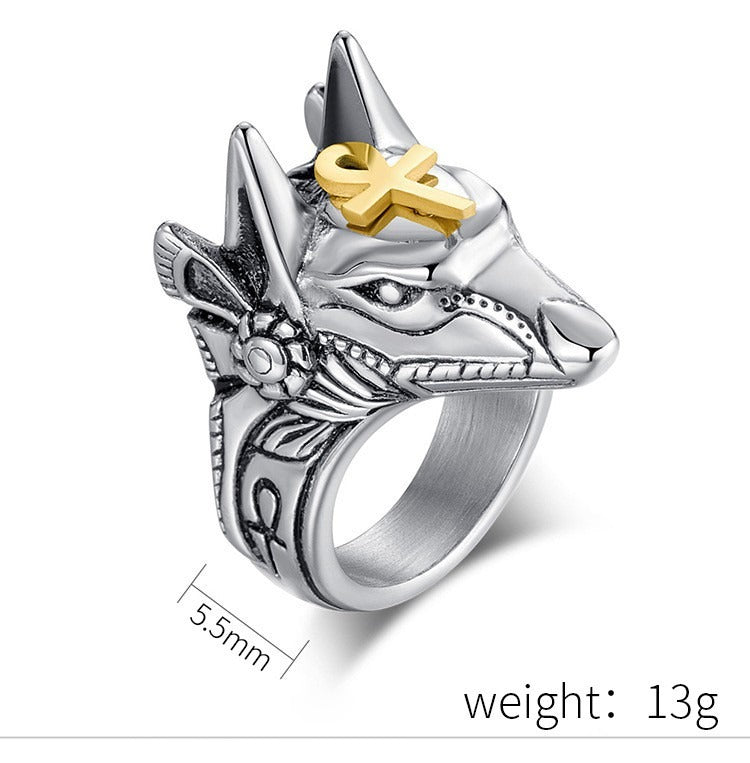 Kemstone Men’s Titanium Steel Anubis Egyptian God Ring – Silver K-R291