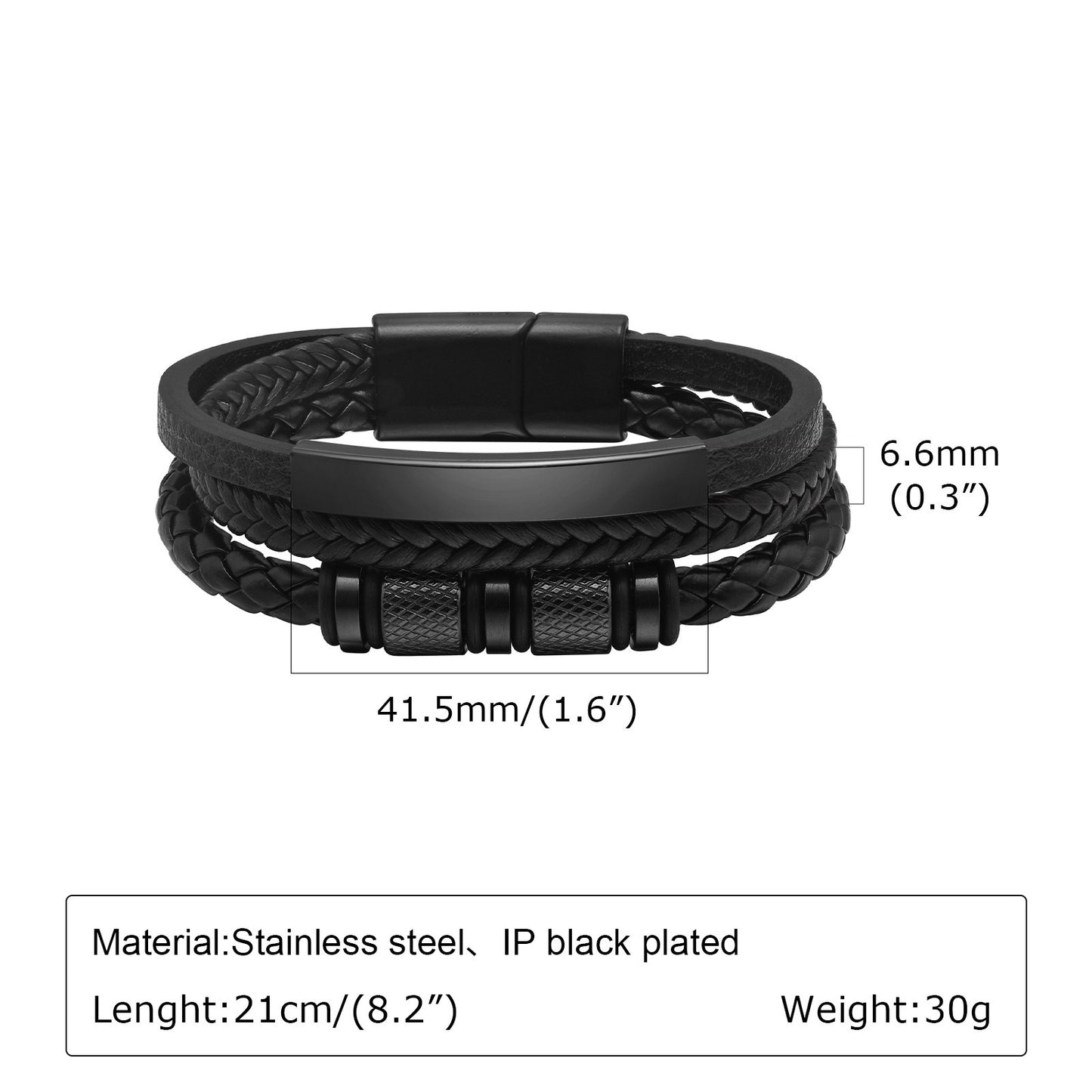Kemstone Men’s Black Leather Bracelet – Braided Band with Titanium Steel Detail BL-703