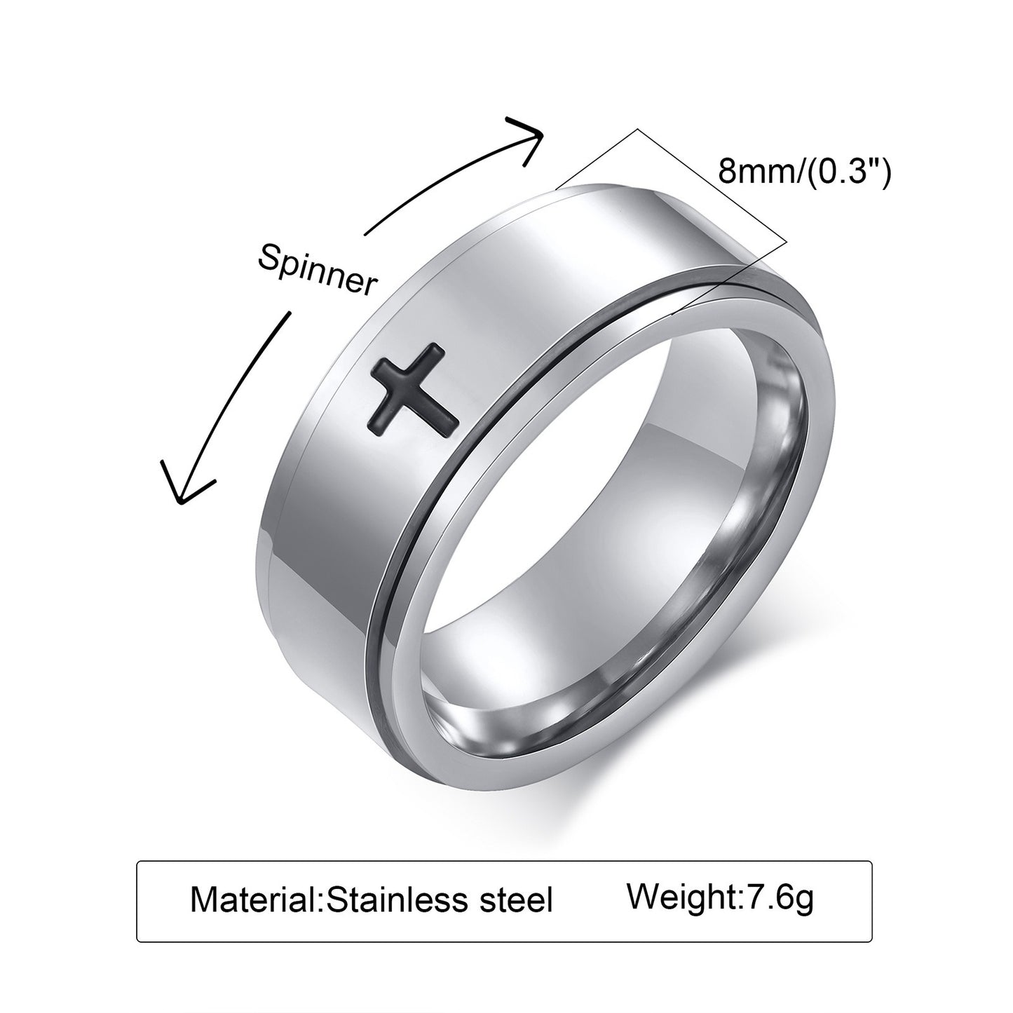 Kemstone Black Laser-Etched Cross Rotating Stainless Steel Ring – Gothic Industrial Men’s Jewelry R589